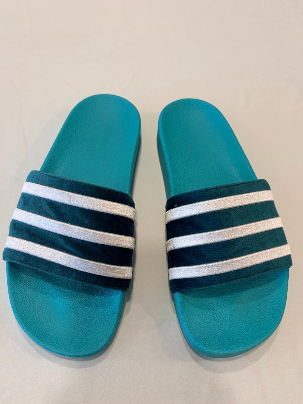 Adidas Adilette Velvet Slides Teal Blue White Striped Sandals Women's Size 9